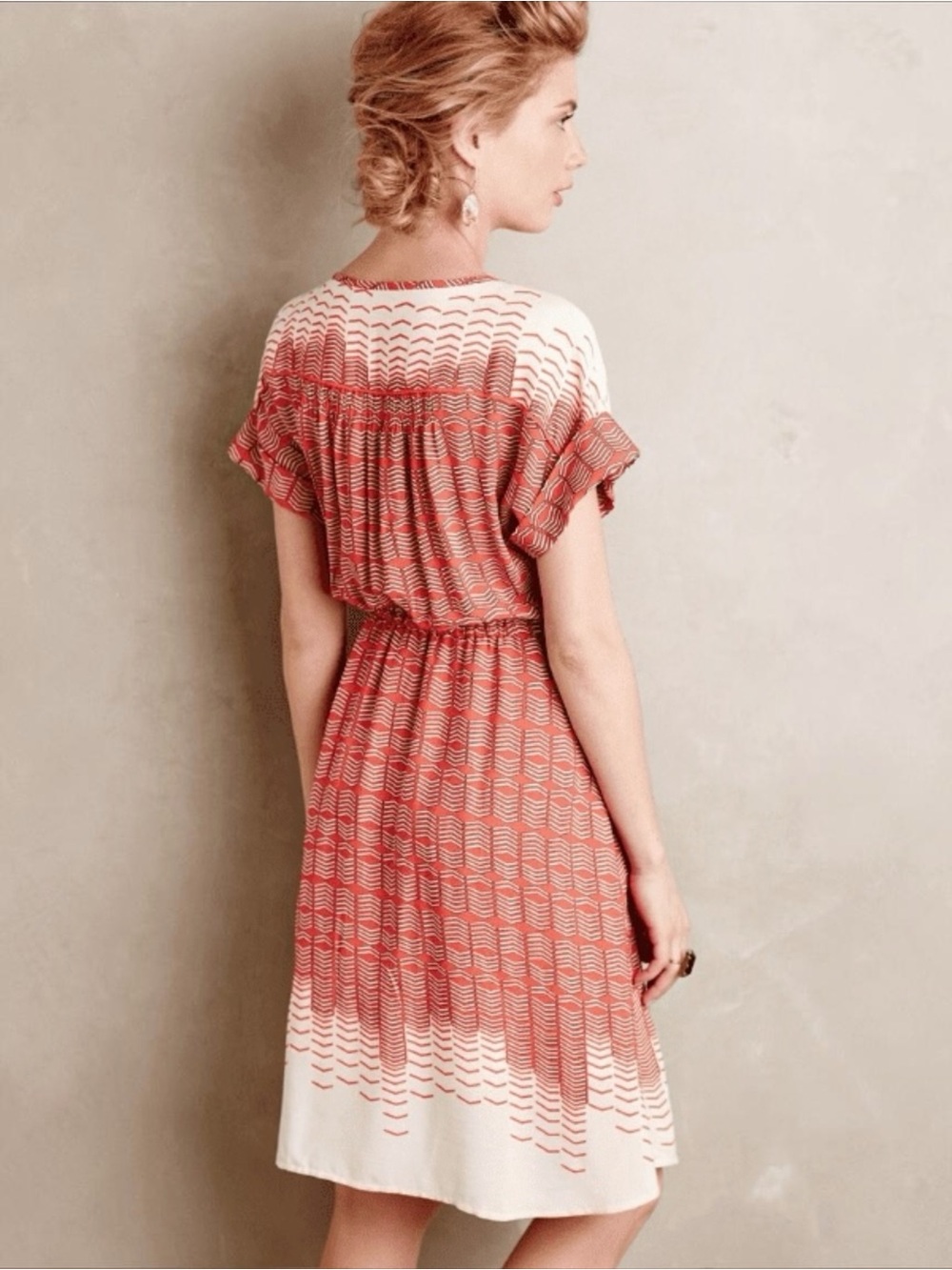 Anthropologie Maeve Veronia Chevron Print Shirt Dress Pockets Red Cream Size M - Picture 2 of 13